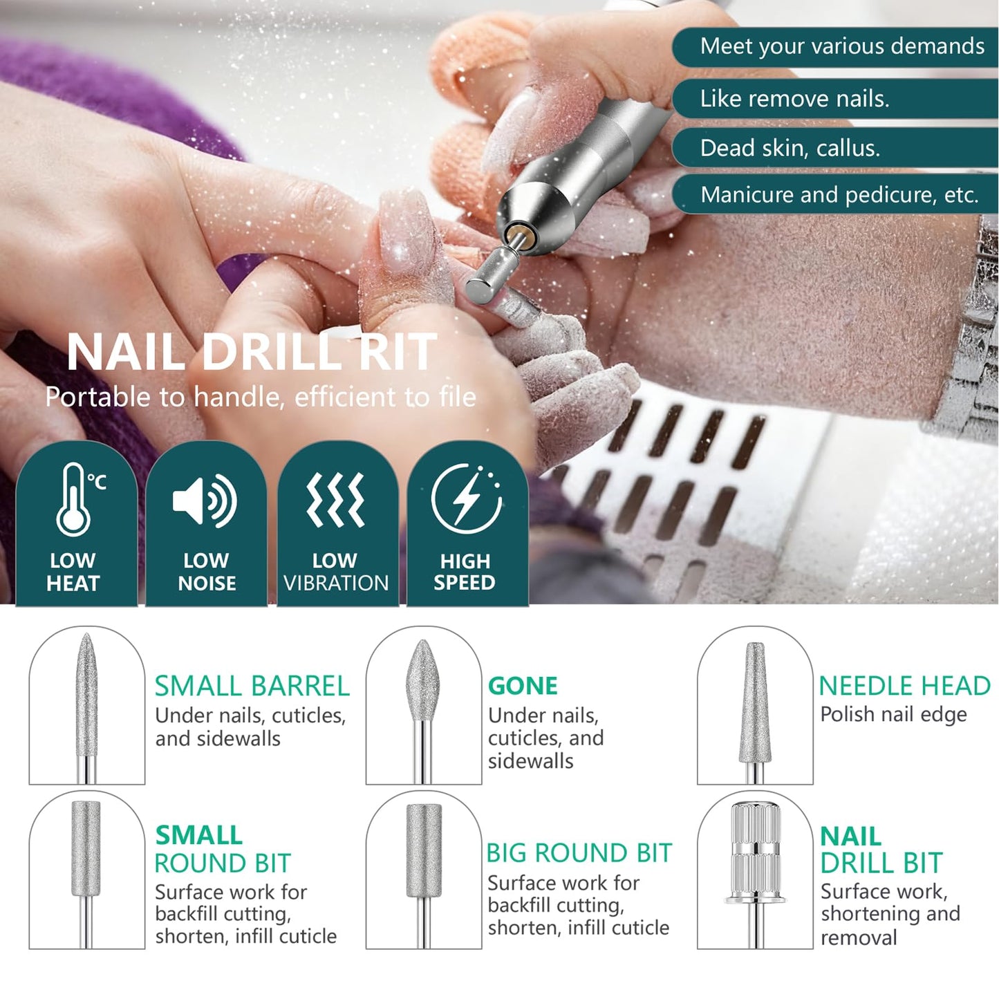 Professional Nail Drill Electric File, GEEZO 55000RPM Portable Cordless Nail Drill Machine with Bits, Rechargeable E File for Acrylic & Gel Nails, Manicure & Pedicure Tech Tool for Home Salon (White)