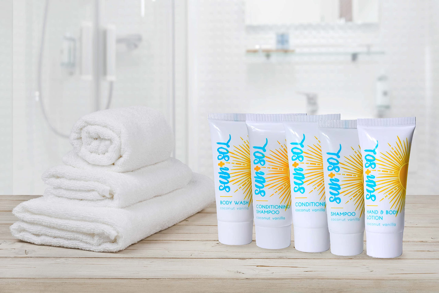 World Amenities Sun + Sol Bulk Refreshing Soap Bar with Warm Coconut & Vanilla Fragrances, Sachet Wrapped Travel Size Toiletries, Mini Hotel Amenities, 1 Oz, 100 Count