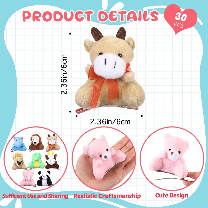 Luinabio 30 Pcs Plush Animal Hair Clips Rave Trinkets for Festival Valentines Gift Goodie Bags No Candy Treat Cute Small Animals Plush Hairpins Funny Hair Accessories for Women Rave Party