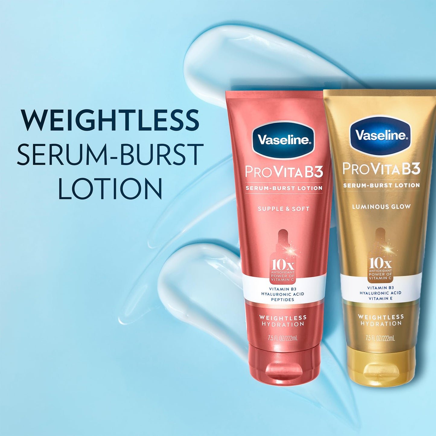 Vaseline Lotion, Pro VitaB3 Serum-Boost, Luminous Glow + Supple & Soft Variety 4-Pack – Weightless Hydration with Niacinamide and Hyaluronic Acid, 7.5 Oz Ea