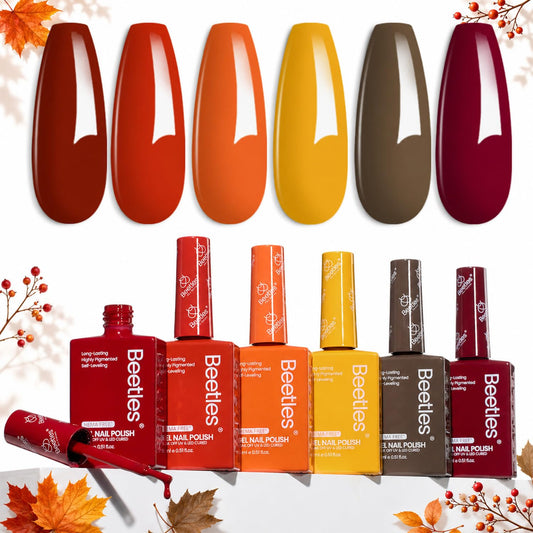 Beetles Fall Gel Polish Set - 6 Colors 15ML Full Size Hema-Free Burgundy Brown Dark Red Yellow Light Orange Gel Polish Kit Soak Off UV LED Hema Free DIY Home Salon Gifts for Women