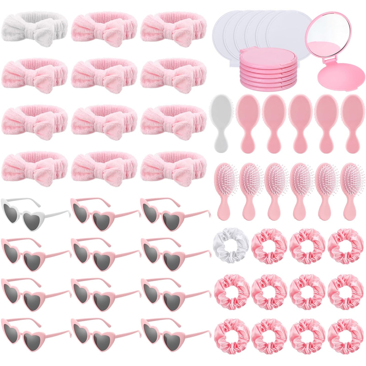 Reallnaive 72 Pcs Spa Sleepover Party Supplies Bachelorette Party Accessories Including Hair Brush Heart-shaped Glasses Mirrors Spa Headband Hair Ties for Bridesmaid Gift Sleepover Favor(Pink)