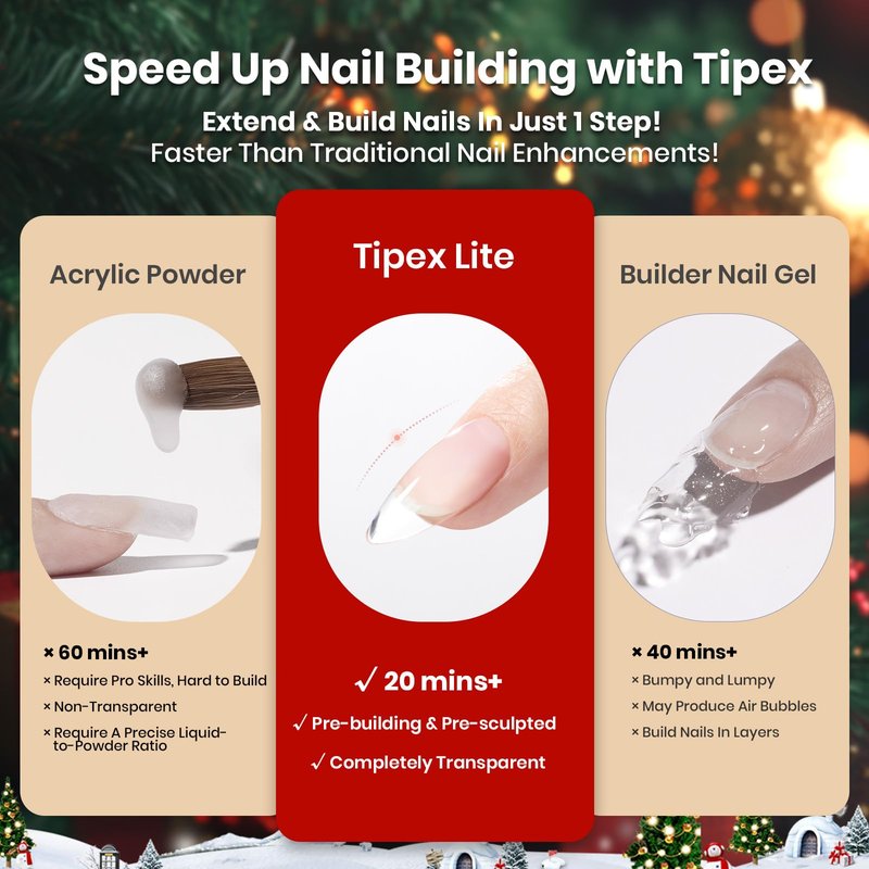 Beetles Tipex Lite Apex Christmas Gift Nail Tips Kit –Almond Medium 16Sizes, 6 Pcs Red Sparkle Green Glitter Gold Silver Dark Red Gel Polish Kits, UV Solid Glue, Base & Top Coat, 3 Nail Art Brushes