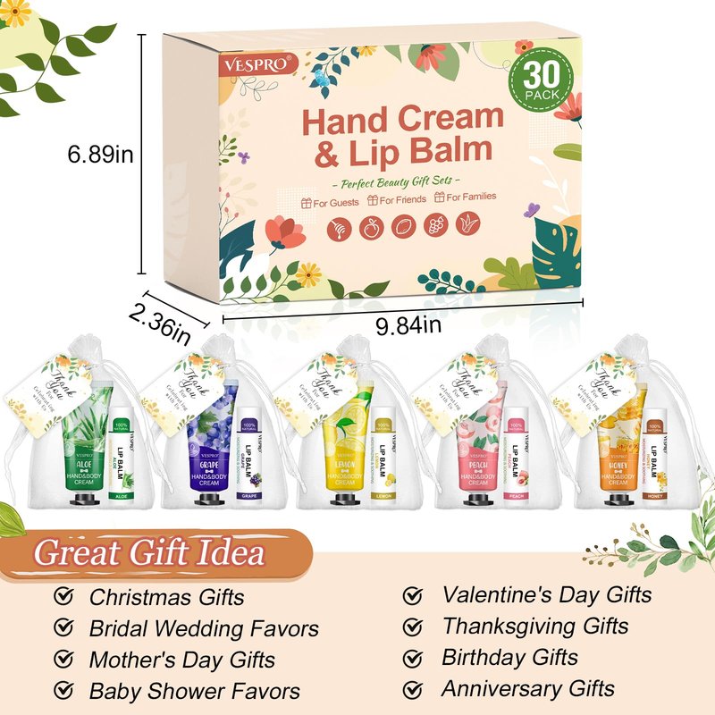 VESPRO 30 Pack Bulk Hand Cream and Bulk Lip Balm Sets, Mothers Day Gifts, Wedding Favors for Guests with Thank You Card and Organza Bags, Birthday Gift, Teacher Appreciation Gifts and Nurse Gift