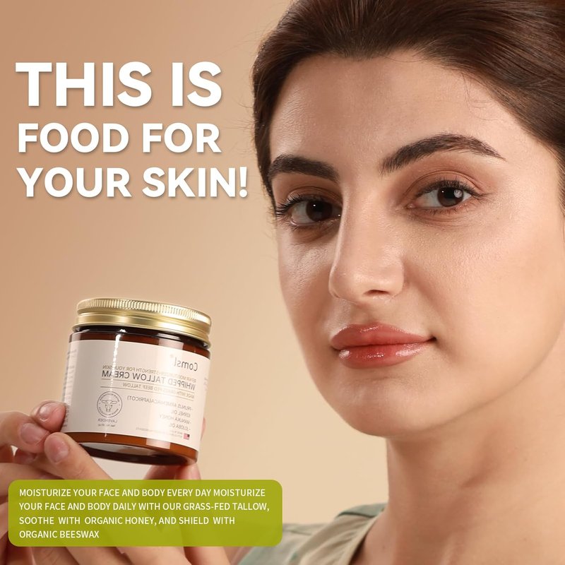 Whipped Tallow Honey Cream - Moisturizer for Dry, Sensitive Skin | 4oz Unscented, Eczema & Rosacea Relief
