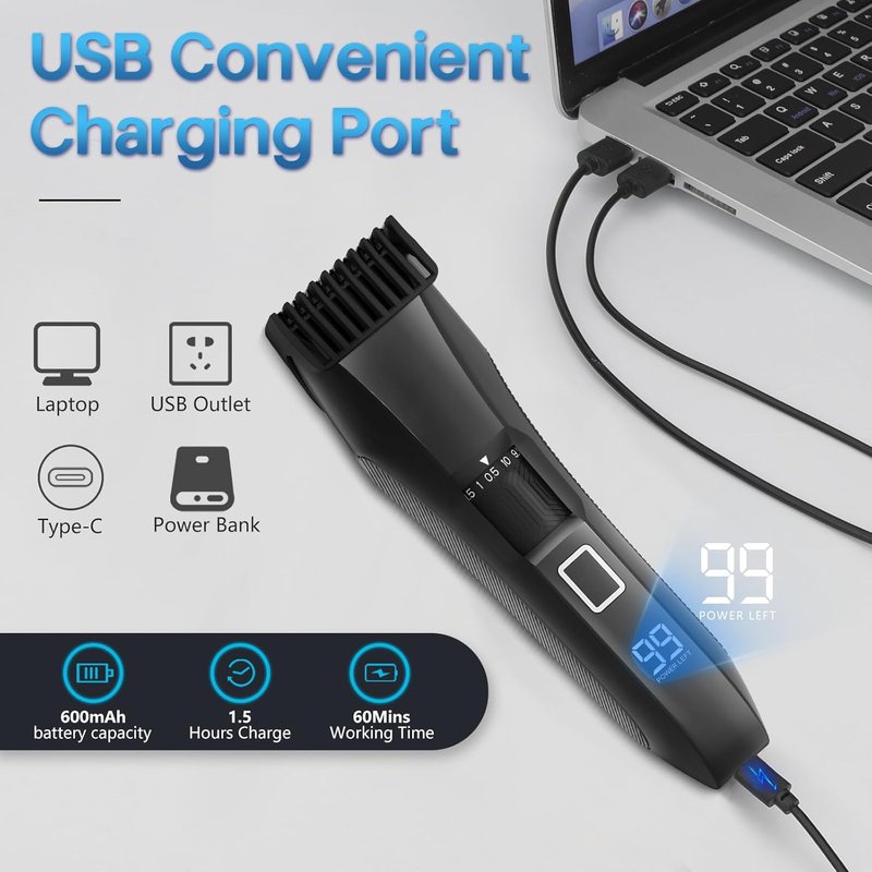 Beard Trimmer for Men - Cordless Waterproof Clippers with Adjustable Length & Stainless Steel T-Blade | LED Display & 2 Guide Combs