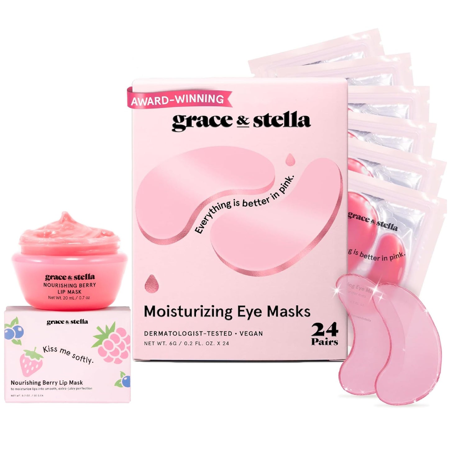 grace & stella Eye Mask Pink 24 Pairs + Lip Mask Bundle