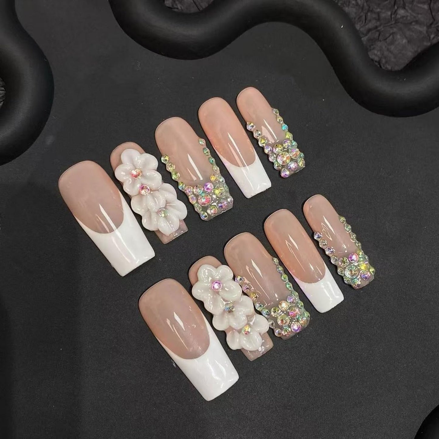 Handmade Press-On Nails | Medium Square White French Nails with Rhinestones & 3D Flowers - Full Cover Manicure Art (Size M)