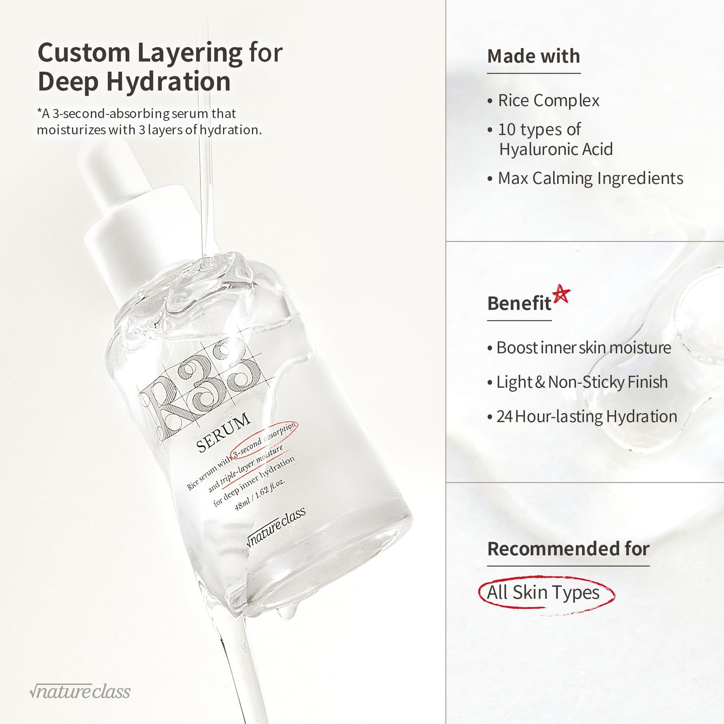 NATURECLASS R33 Serum Niacinamide Hyaluronic Acid, Korean Skincare Glass Skin, Brightening Hydrating Face Serum, Dark Spot Correcting Pore Minimizer Facial Serum, K Beauty Fragrance Free, 1.69 fl oz