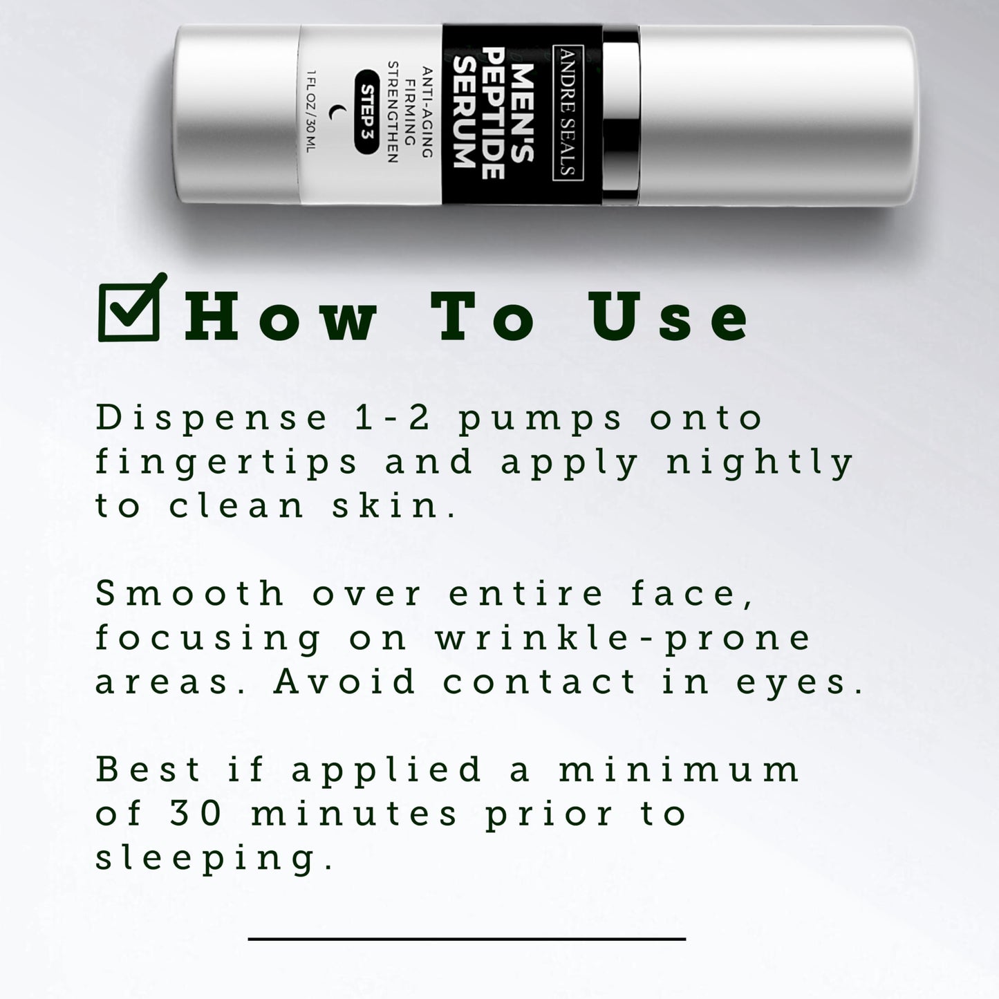 Andre Seals Face Serum for Men - Anti-Aging, Wrinkle Reduction & Collagen Boost with Multi-Peptide, Hyaluronic Acid, Green Tea & Vitamin E | Mens Skincare | 1oz | Night Time Face Serum