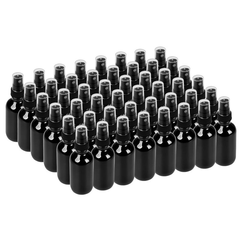 BILLIONSTARS 48 Pack 2oz Glass Boston Round Bottle with Fine Mist Sprayer - UV Black - Essential Oils, Bath, Beauty, Hair & Cleaning - Leakproof Travel Bottles