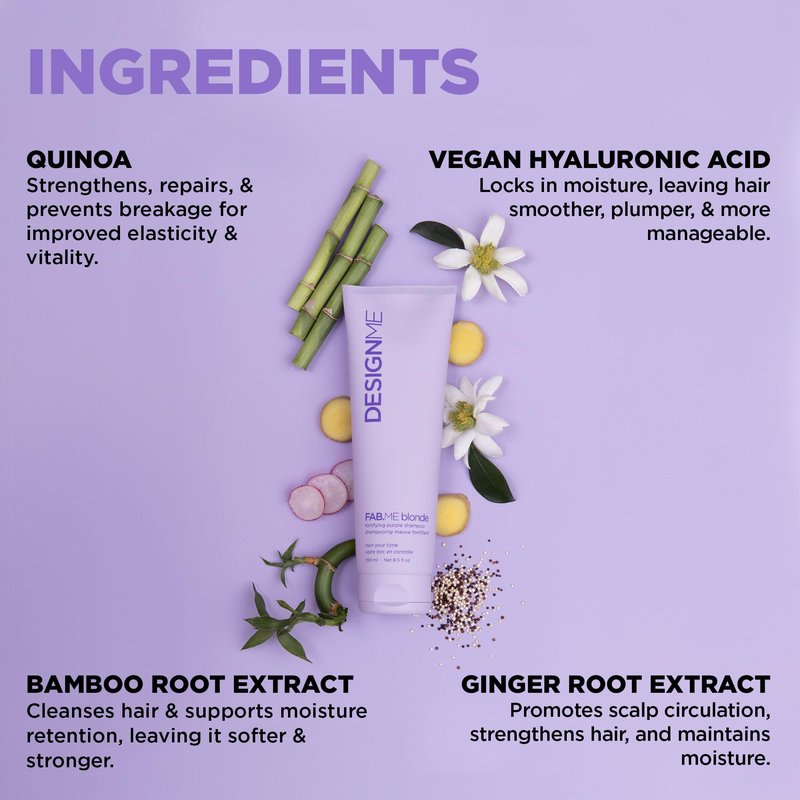Design.Me FAB.ME Blonde Fortifying Purple Shampoo | Toning Purple Shampoo for Blonde Hair - Neutralizes Brass and Yellow Tones | Enriched with Hyaluronic Acid | Color Depositing Formula