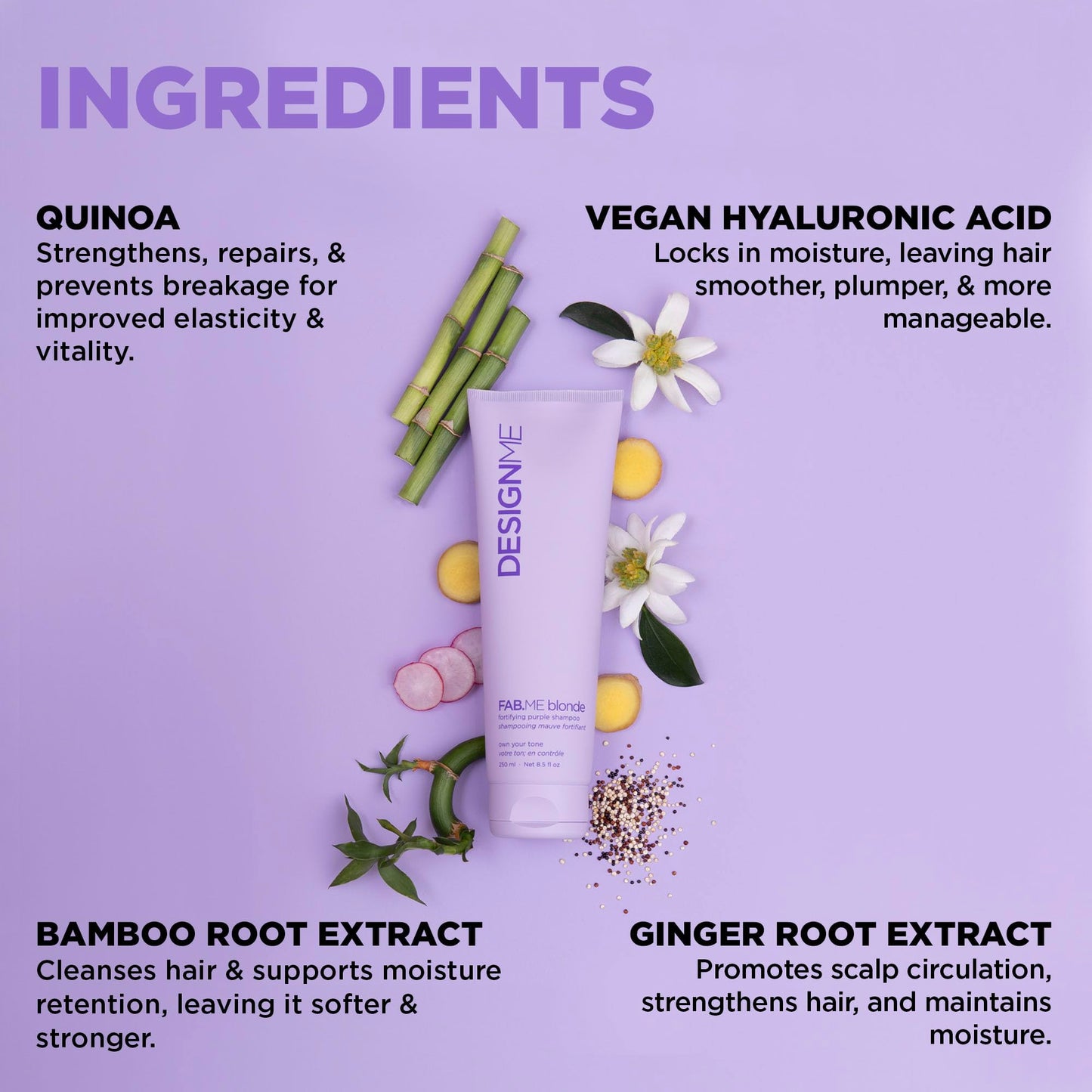Design.Me FAB.ME Blonde Fortifying Purple Shampoo | Toning Purple Shampoo for Blonde Hair - Neutralizes Brass and Yellow Tones | Enriched with Hyaluronic Acid | Color Depositing Formula
