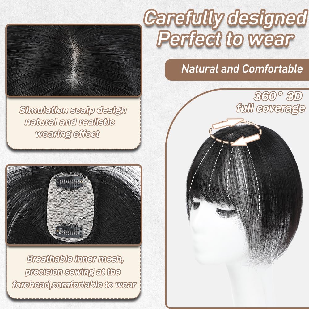 Real Human Hair Toppers for Women - 3D Clip-In Bangs with Natural Scalp Line | 1B Color, 5x9 Size