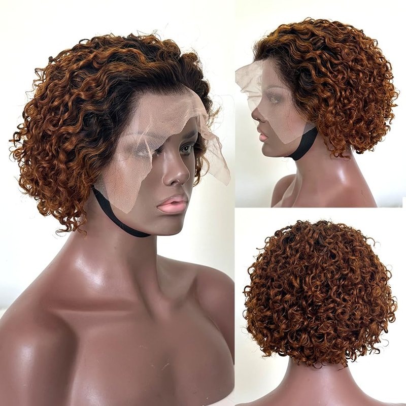 Topnormantic Pixie Cut Short Curly Wigs for Black Women Human Hair #1b/30 13x4 Transparent Glueless Lace Front Wigs Pre Plucked with Baby Hair Brazilian Virgin Hair Ombre Color Curly Bob Wigs 6 Inch