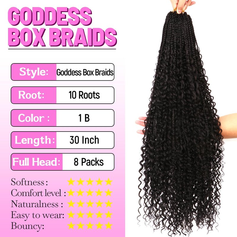 Goddess Boho Box Braids Crochet Hair-8 Packs 30 Inch Crochet Box Braids for Black Women Pre Looped (1B#, 30 Inch (Pack of 8))