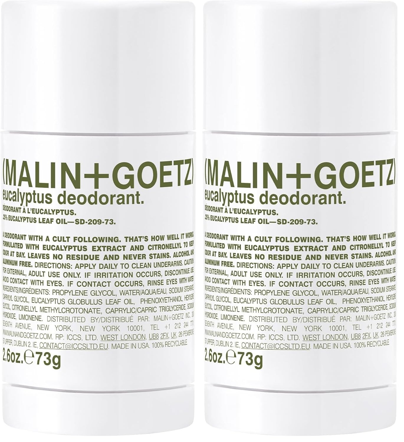 MALIN+GOETZ Eucalyptus Deodorant - Natural Odor & Sweat Defense | 2.6 Fl Oz, Clear, Aluminum-Free (Pack of 2)