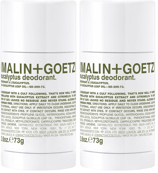 MALIN+GOETZ Eucalyptus Deodorant - Natural Odor & Sweat Defense | 2.6 Fl Oz, Clear, Aluminum-Free (Pack of 2)