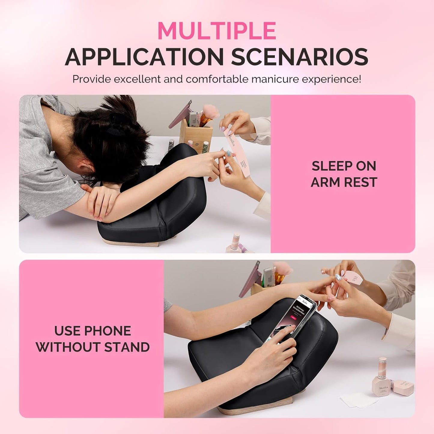 Foldable Nail Arm Rest - 5-Level Adjustable Manicure Hand Cushion | Large PU Leather Pillow for Acrylic Gel Nail Art - Black