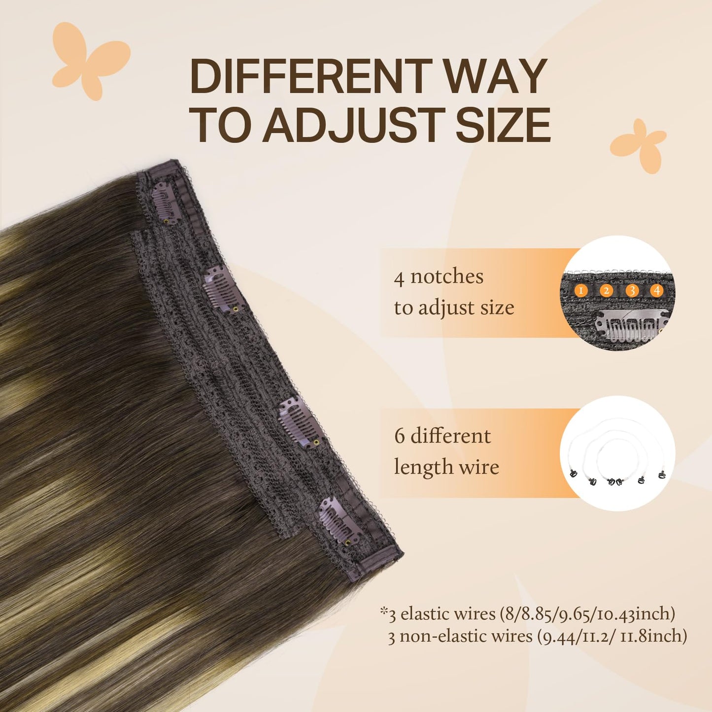 DOORES Wire Hair Extensions 14 Inch 75g Remy Human Wire Hair Extensions Invisible Transparent Line Adjustable Hairpieces Secret Extensions Straight Hair Balayage Chocolate Brown to Caramel Blonde