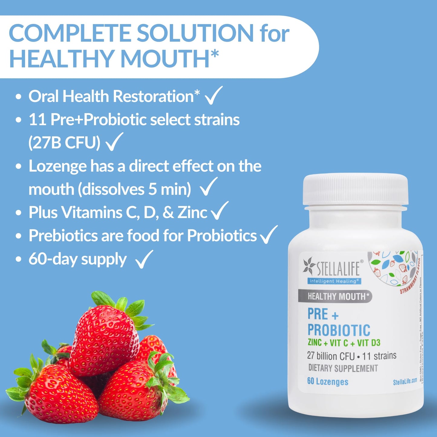 StellaLife Oral Prebiotic & Probiotic Lozenges for Teeth and Gums – 27B CFU, 11 Strains, Dental Probiotic for Bad Breath, Immune Support with VIT C, D3 & Zinc (Strawberry Flavor) 60 Day