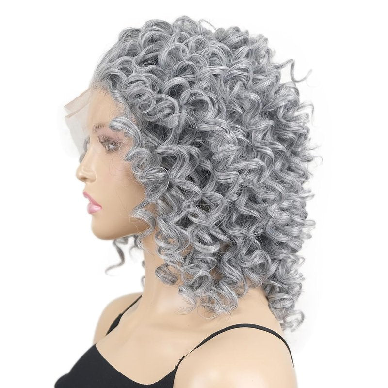 Grey Lace Front Curly Synthetic Wig - Heat Resistant Fiber for Daily Wear | Silver Color