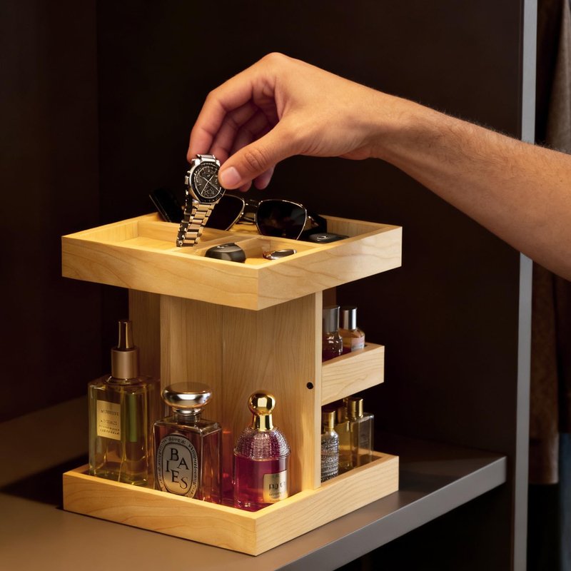 VLXXOI Cologne Organizer for Men Rotating Bathroom Counter Organizer, 3-Tier Solid Wood Storage Caddy, 360-Degree Rotating Stand, Burlywood (Burlywood A)