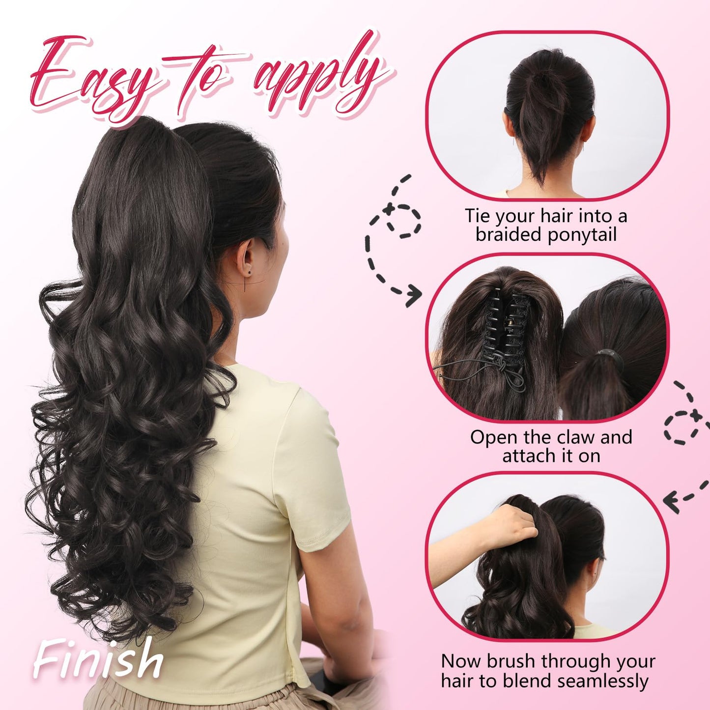 N NAYASA 24''Long Wavy Ponytail Extension, Burgundy Ombre Claw Clip Hair Piece, Long Curly Wavy Wine Red Ponytail Hair Extension Jaw Clip on Pony Tails Hairpiece for Women