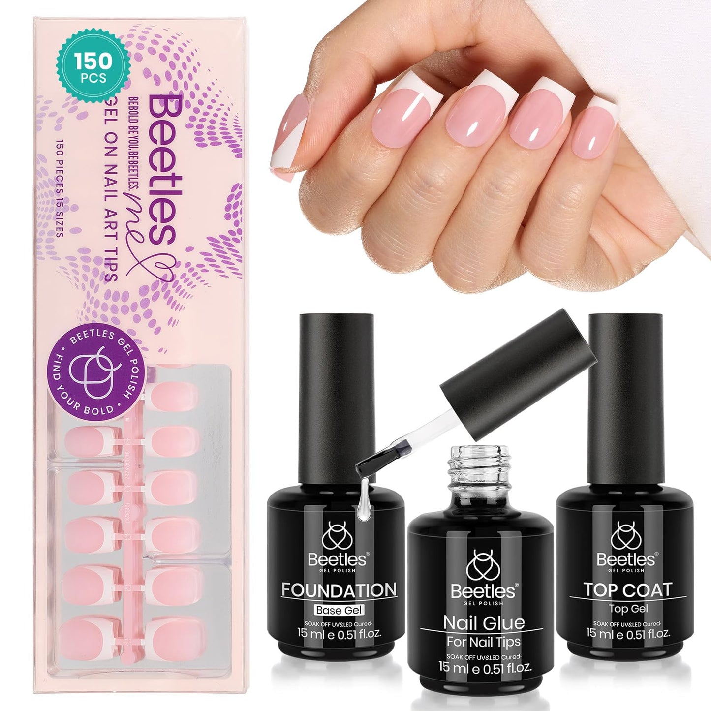 Beetles Top Coat Base Gel & Nail Glue Set-3Pcs No Wipe Top Coat,with Beetles French Tip Press On Nails - 150 Pcs Pink Short Square French Gel Nail,