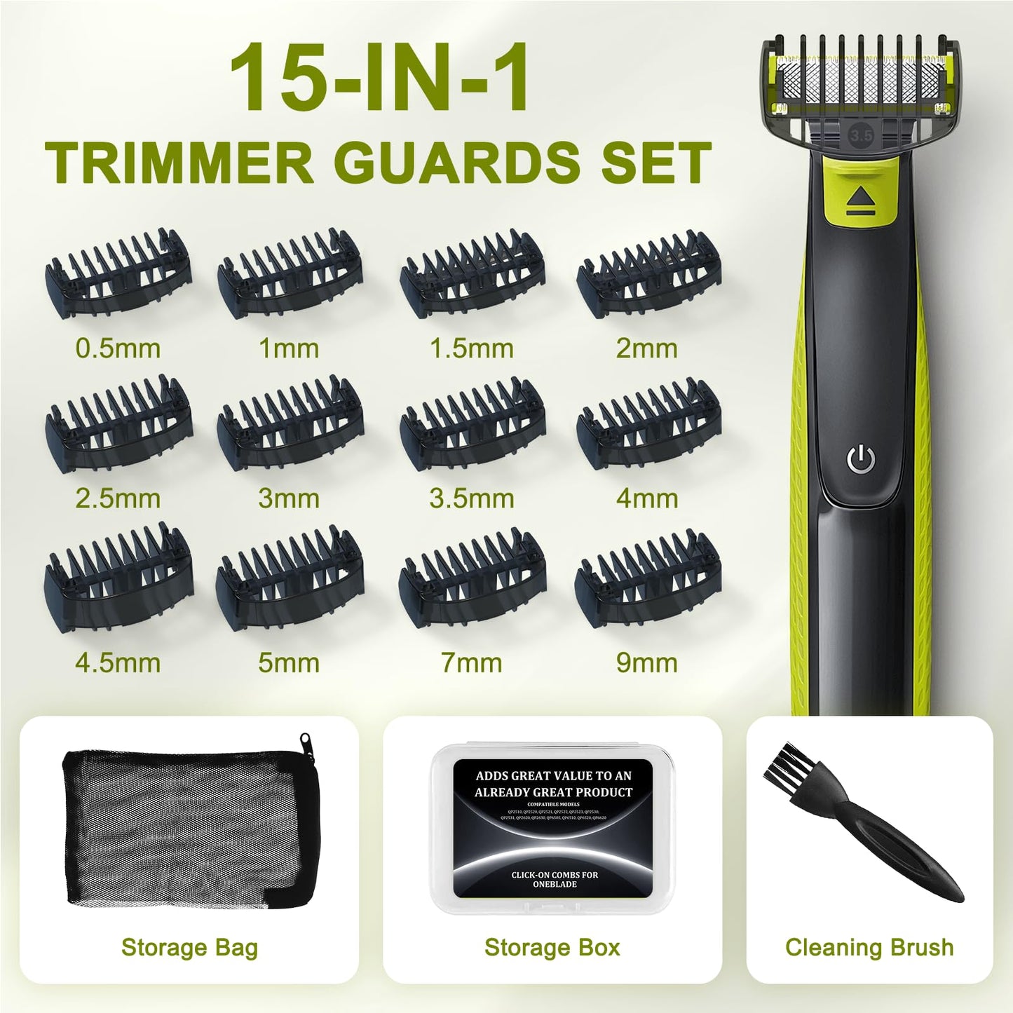 Guide Comb 0.5/1/1.5/2/2.5/3/3.5/4/4.5/5/7/9 MM for Norelco Trimmer Shaver, Compatible with Obalde QP2724/QP2834/QP2520/30, QP2620, Hybrid Electric Trimmer Guards with Cleaning Brush and Storage Bag