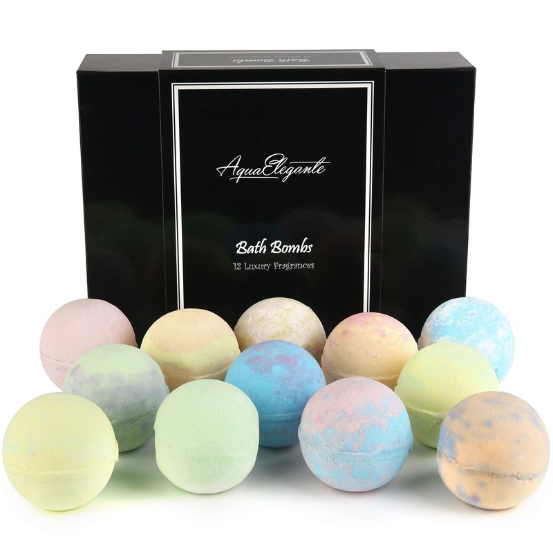 Aqua Elegante Luxury Bath Bombs for Women - Gift Set of 12 Large Bathbombs with Essential Oils, Shea Butter, Coconut Oil - No Stain, Natural, Vegan, Moisturizing Spa Present for Mom, Wife, Girlfriend