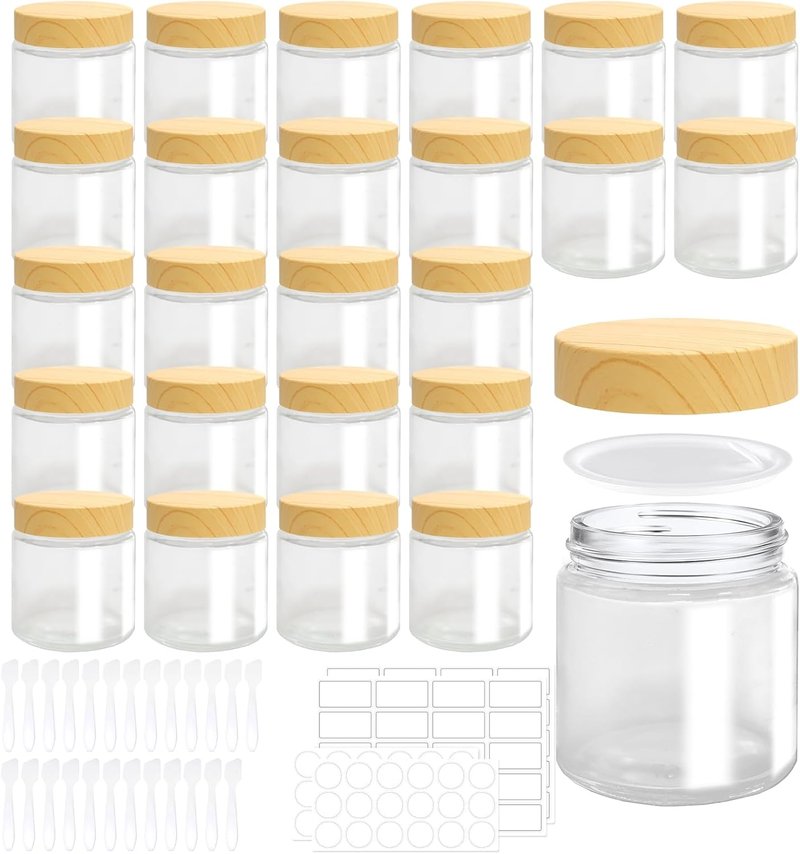 Glass Jars with Lids - 25 Pcs 4 Oz Airtight Reusable Containers for Travel & Cosmetics | Round Plastic Woodgrain