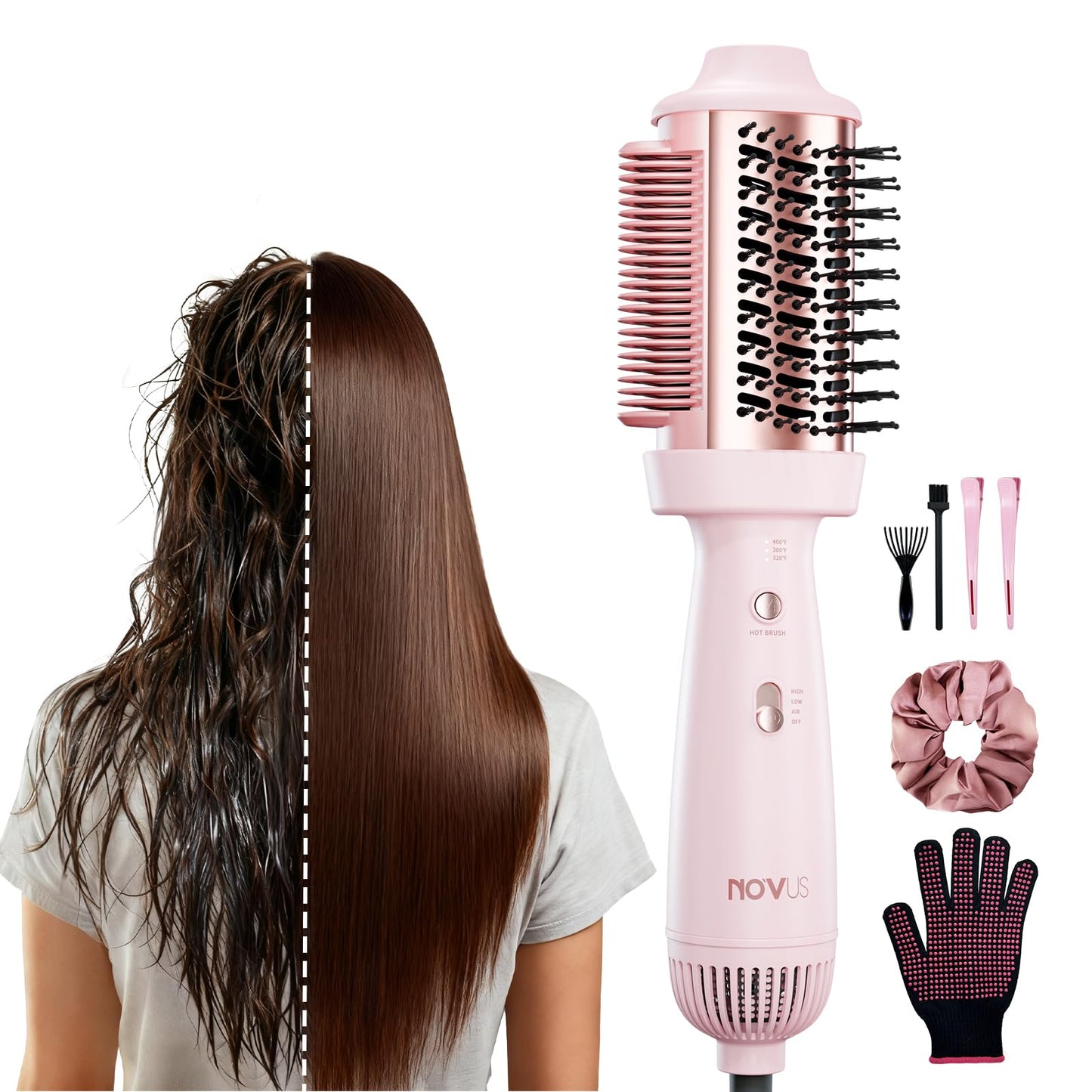 4-in-1 Blow Dryer Brush & Hair Straightener - NOVUS Ionic Hot Air Styler with Titanium Barrel, Volumizer for Frizz-Free Smoothing, Blowout Tool for All Hair Types (Pink)