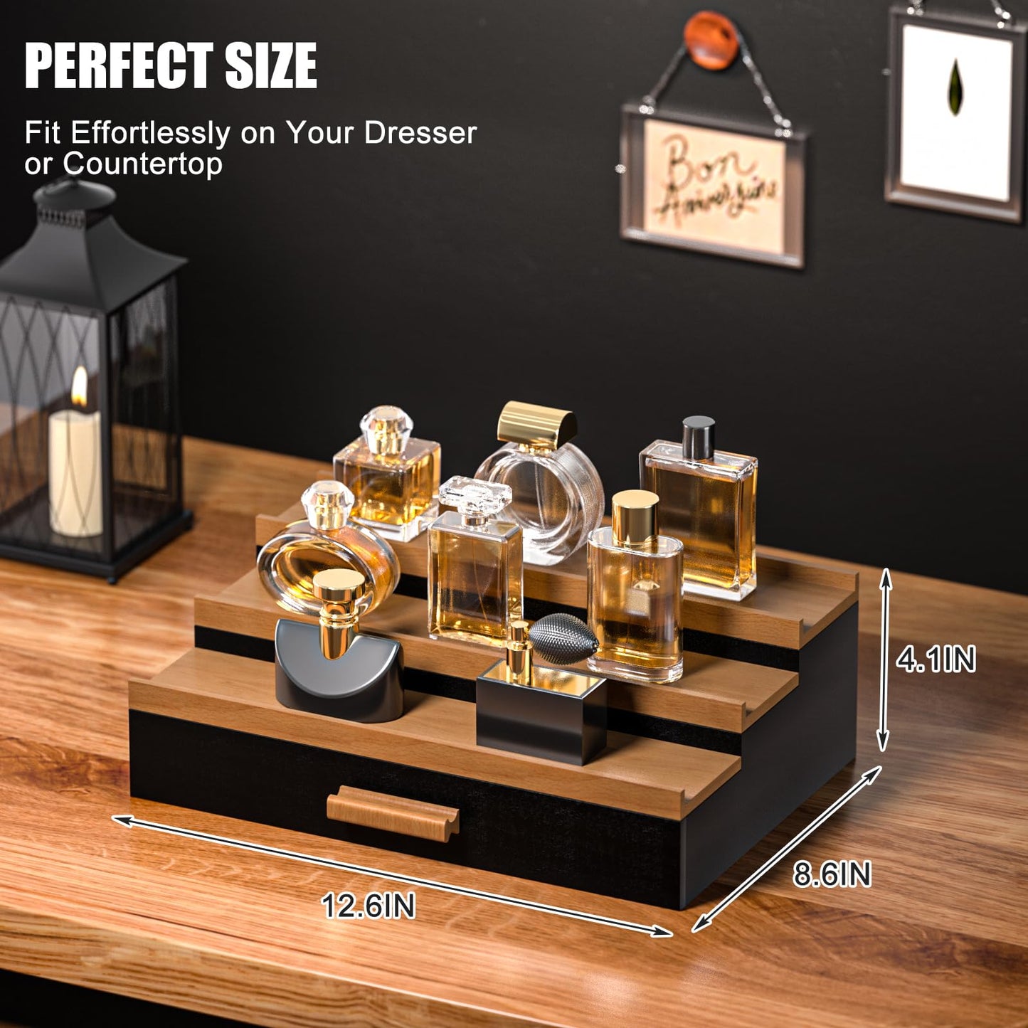 Sephyroth Cologne Organizer for Men – 3-Tier Perfume Display Shelf with Drawer and Hidden Storage, Elegant Cologne Holder, Great Gift for Men and Fathers (3T-BlackWalnut)