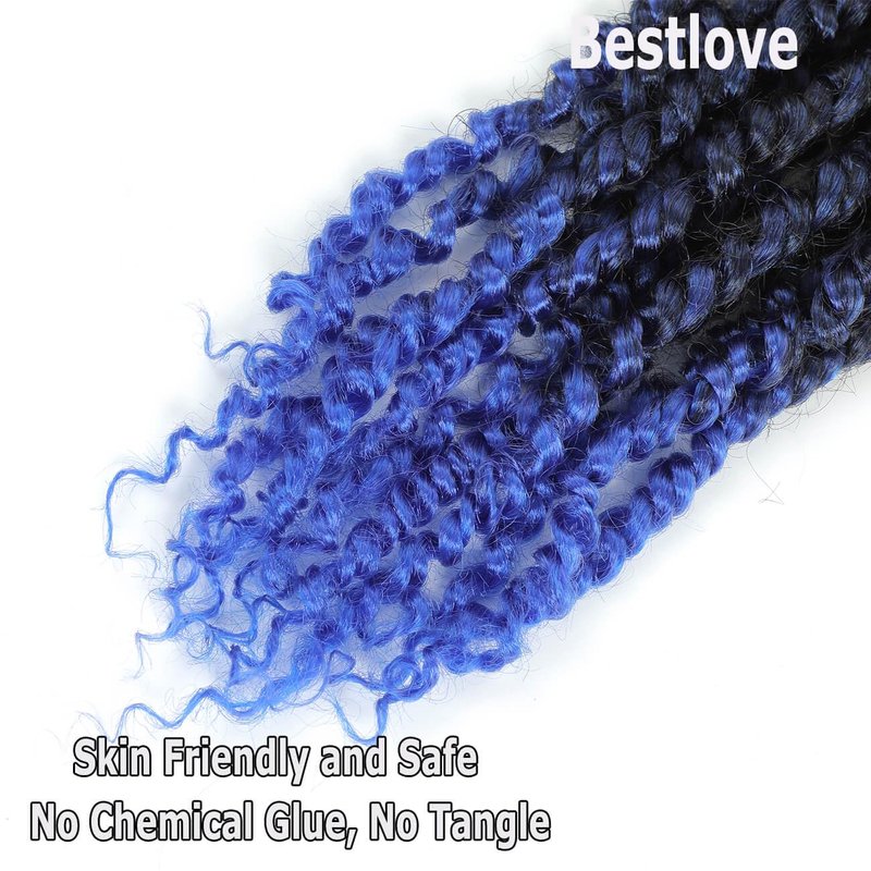 Bestlove Blue Pre-twisted Passion Twist Crochet Hair 14 Inch 8 Packs Pre-looped Bohemian Curly End Synthetic Braiding Hair Extensions, Low Temperature Soft Twist Braids for Black Women (T1B/Blue)