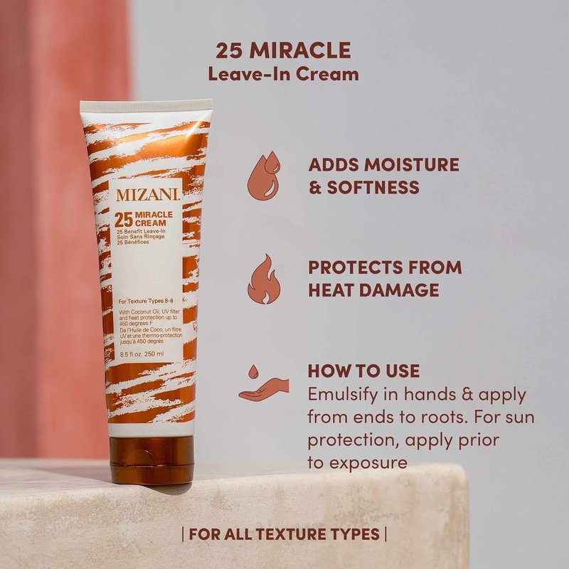Mizani 25 Miracle Leave-In Curl Cream - Anti-Frizz Heat Protectant, Adds Lightweight Moisture & Softness, With Coconut Oil, For Curly Hair