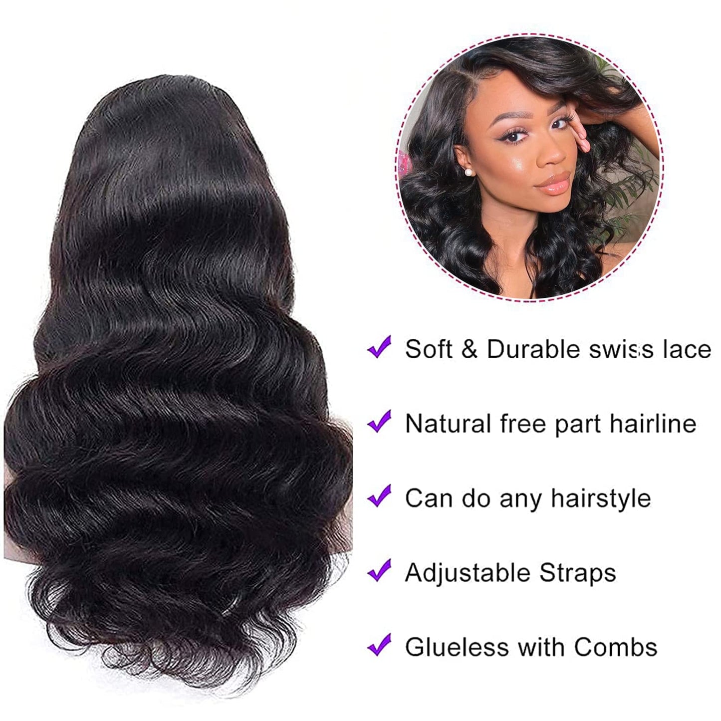 Lace Front Wigs for Black Women - Body Wave 24 Inch Glueless Lace Frontal Wigs - Pre Plucked with Baby Hair - Brazilian Virgin Human Hair - 180% Density - Natural Color