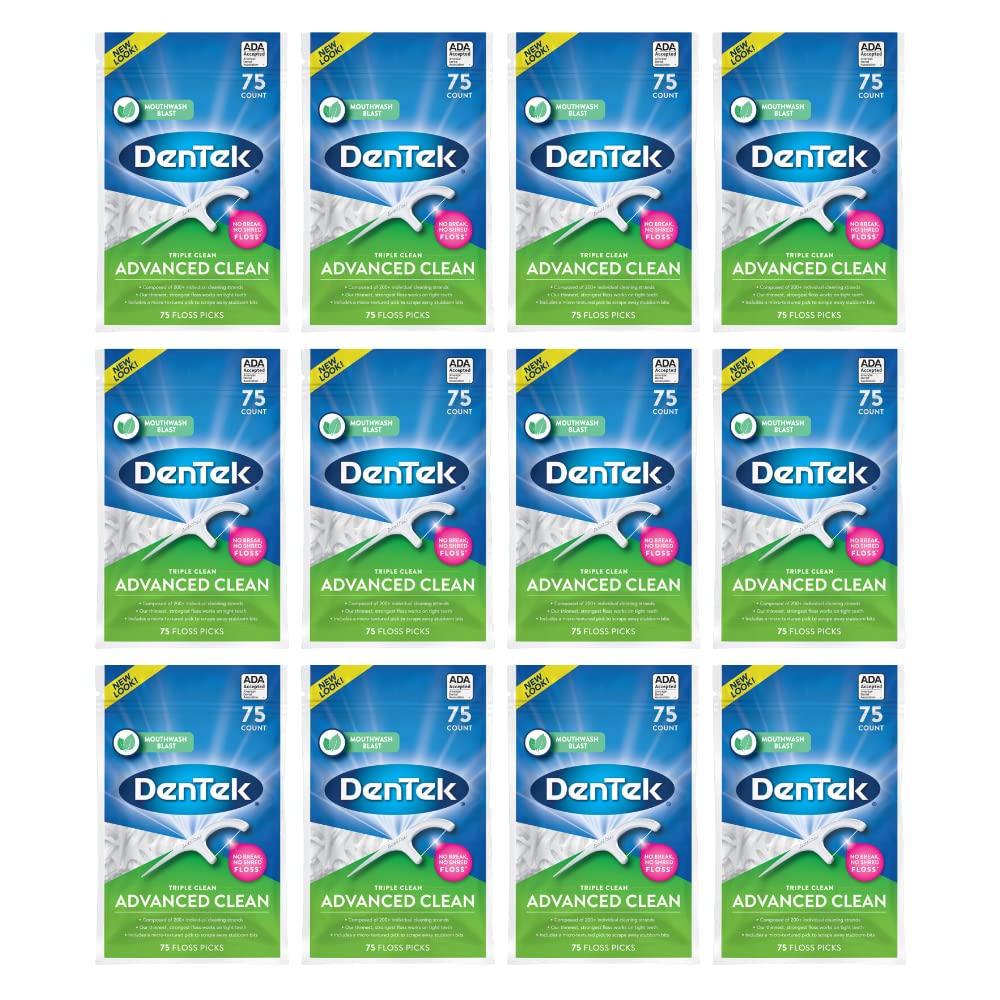 DenTek Advanced Clean Triple Clean Floss Picks, Mouthwash Blast, Dental Flossers for Plaque Removal, No Break No Shred Floss, Oral Care, 75 Count (Pack of 12)