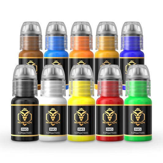 Ambition Tattoo Ink Kit 10 Mixed 1/2 oz(15ml) Bottles Color Professional Pigment Set Supply for Beginners and Pro Artists