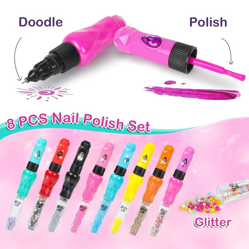 Nail Art Pen Set for Kids - 8 Non-Toxic Glitter Polishes & Doodle Tips | Creative Nail Kit for Girls Ages 7-12