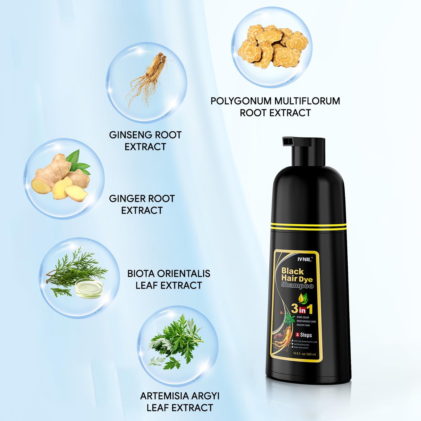 Ivnil Black Hair Dye Shampoo 3 in 1 Hair Color Shampoo for Women & Men for Gray Hair Coverage, shampoo para pintar el cabello