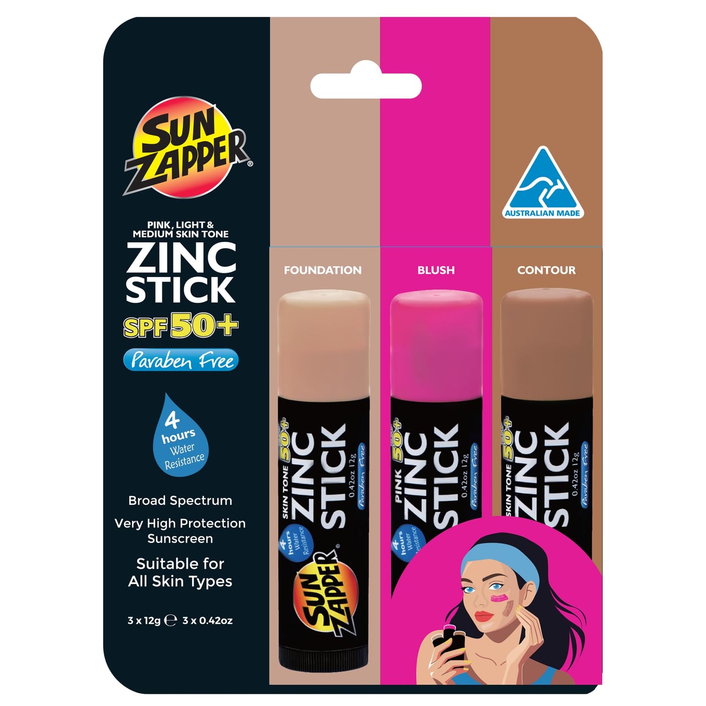 Sun Zapper Zinc Sunscreen Stick Beauty 3-Pack SPF 50+ (Light, Dark, Pink) – Tinted Mineral Sunscreen for Face, Makeup SPF Blush Stick, Water Resistant, Travel Size 12g (0.42 oz) each, Australian Made