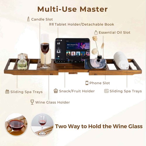 Teak Bathtub Tray Expandable Bathroom Tray for Home Spa Relaxation, Wooden Tray Caddy for Bathtub, Teak Bathtub Caddy as Unique Housewarming, Birthday, Wedding Shower Gifts (Natural Teak)