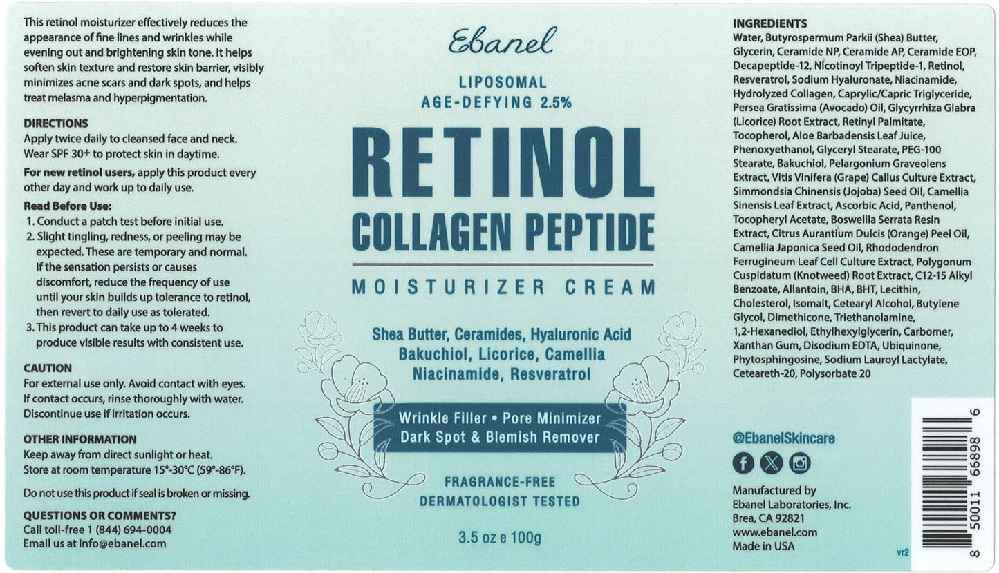 Ebanel Retinol Cream for Face 3.5Oz with Collagen Peptide & Hyaluronic Acid