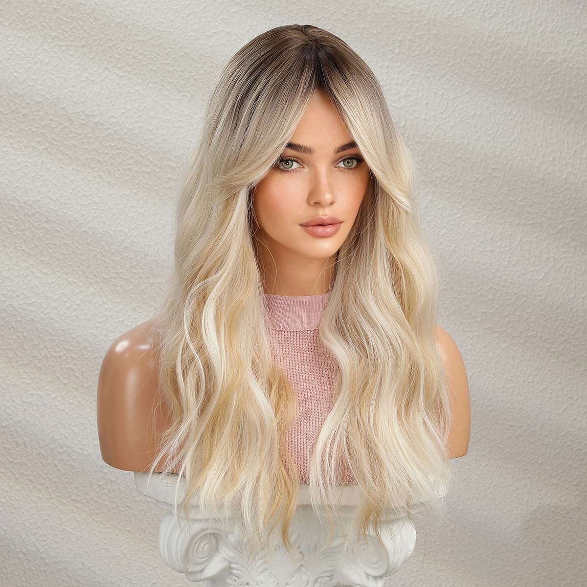 Long Blonde Wig with Bangs - Curly Wavy Synthetic Hair for Women | Mixed Blonde Color