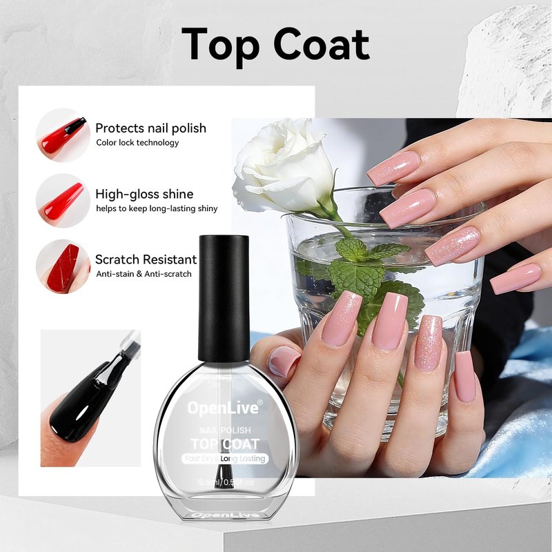OpenLive 2Pcs Glossy Top Coat Clear Nail Polish, Quick Air Dry Regular Nail Polishes, High Shine Finish Long-Lasting Color Protection No Chip Vegan Non-gel Salon Nail Art Gift for Women