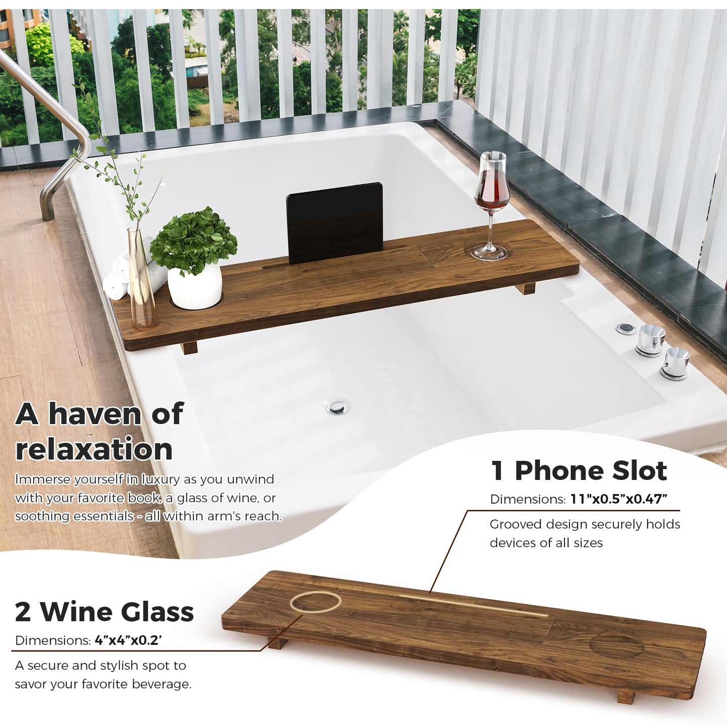 Premium Bathtub Tray for Freestanding Bath, Large & Thick 35” Acacia Wood Luxury Bath Tray for Tub， Anti-Tip, Non-Toxic, Adjustable Bathtub Trays for Tub with Bathroom Accessories Holder