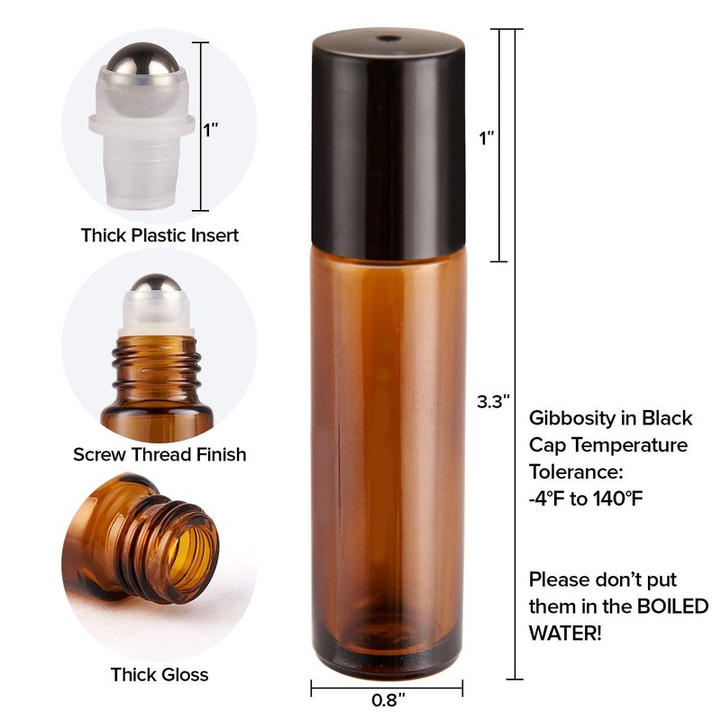 Essential Oil Roller Bottles - 10ml Amber Glass 48-Pack with Stainless Steel Balls | Refillable Applicator for Hair & Oils