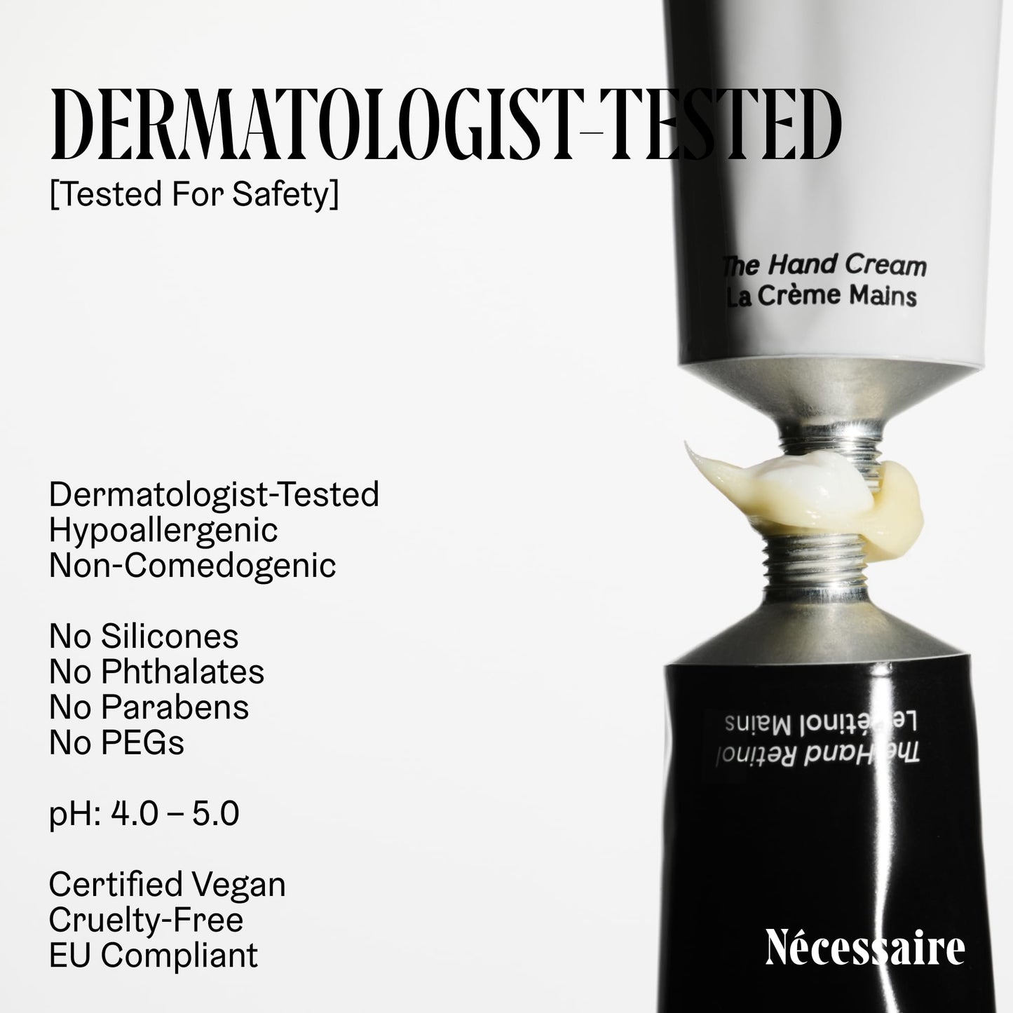 Nécessaire The Hand Retinol. Anti-Age Repair Serum. For Crepiness, Wrinkles, Spots, Brittle Cuticles. 0.25% Pure Retinol. 5% AHA. Dermatologist-Tested. Hypoallergenic. Non-Comedogenic. 2.2 fl oz.