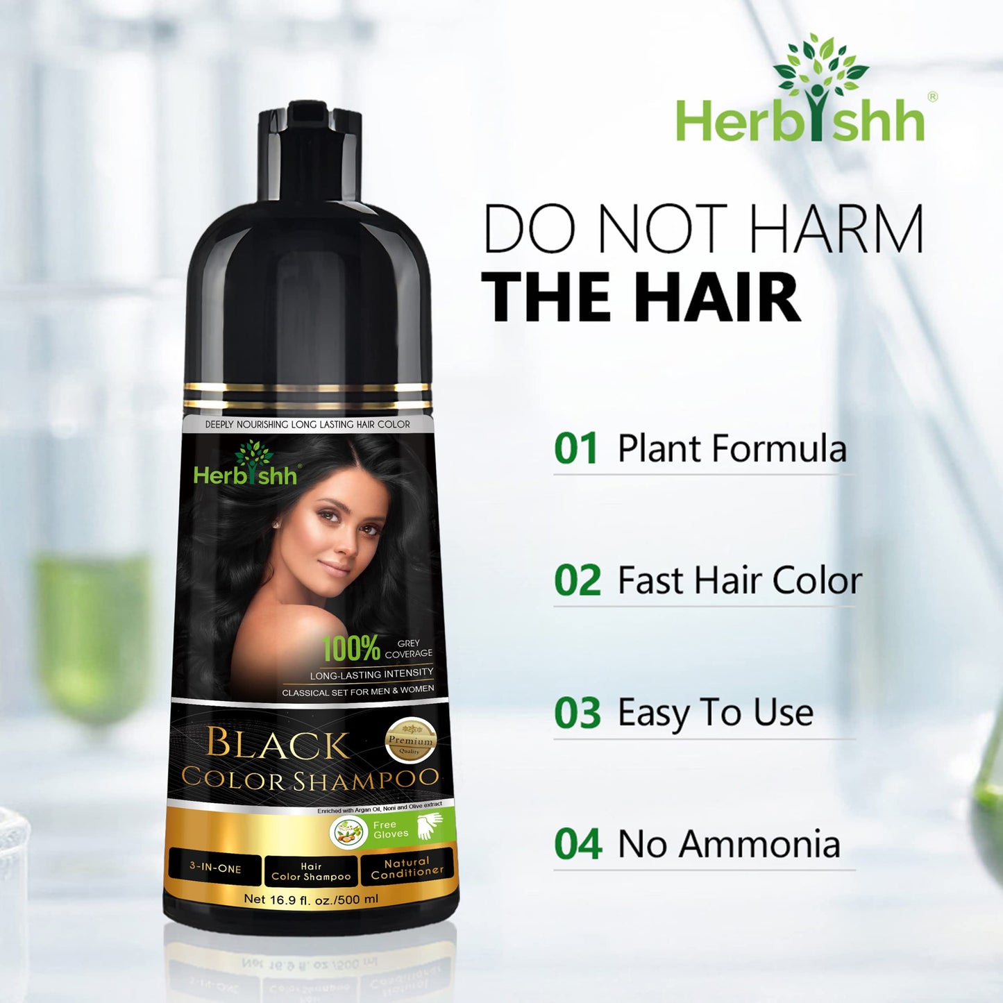 Herbishh Hair Color Shampoo for Gray, 500 ML - Black with Vitalizer Serum, Strengthener, Thickening for Thinning , Repairs Follicles, Promotes Healthier